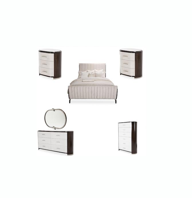 Collection of bedroom storage furniture including dressers, chests, armoires, and nightstands. Features wood, metal, and veneer finishes in modern and traditional designs.
