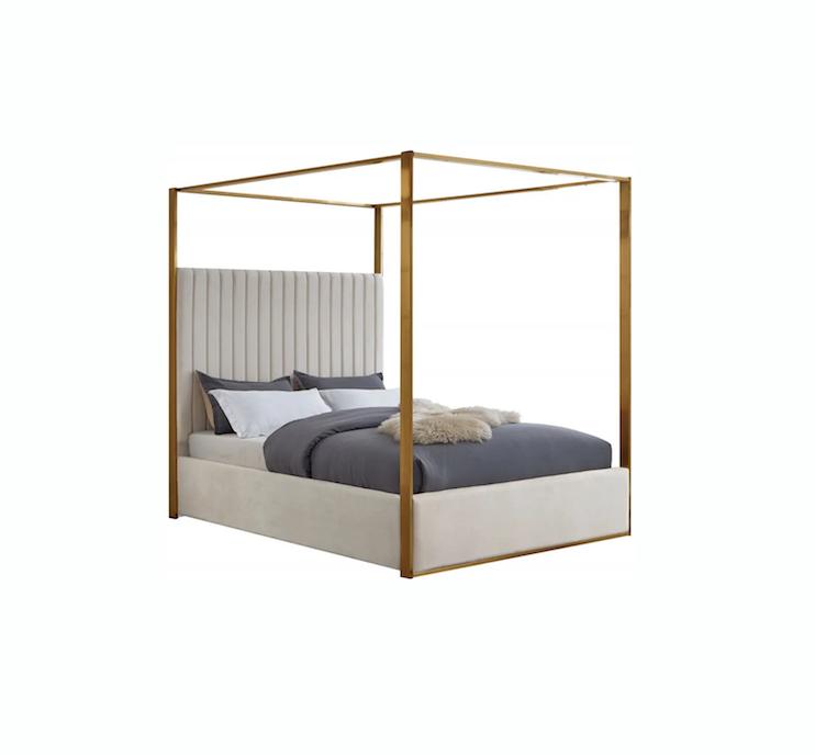 Collection of canopy beds including modern, glam, rustic, and traditional four-poster designs. Wood, upholstered, and metal frames built for luxury bedrooms.