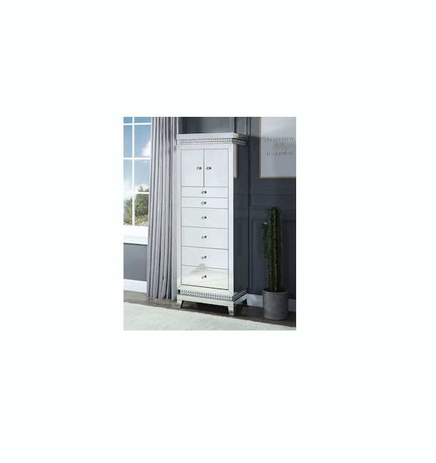 Elegant wooden jewelry armoire with multiple drawers, mirror, and secure storage for necklaces, rings, and accessories.