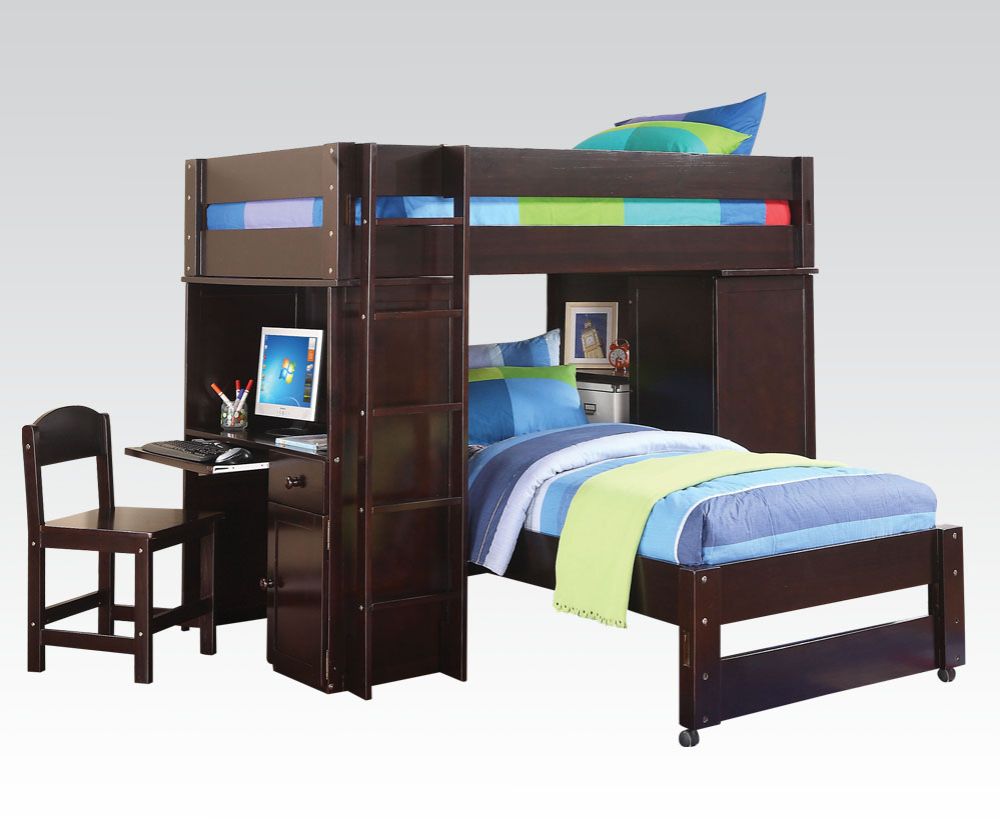 Modern loft bed with built-in storage and a sleek space-saving design for kids' and teens' bedrooms.