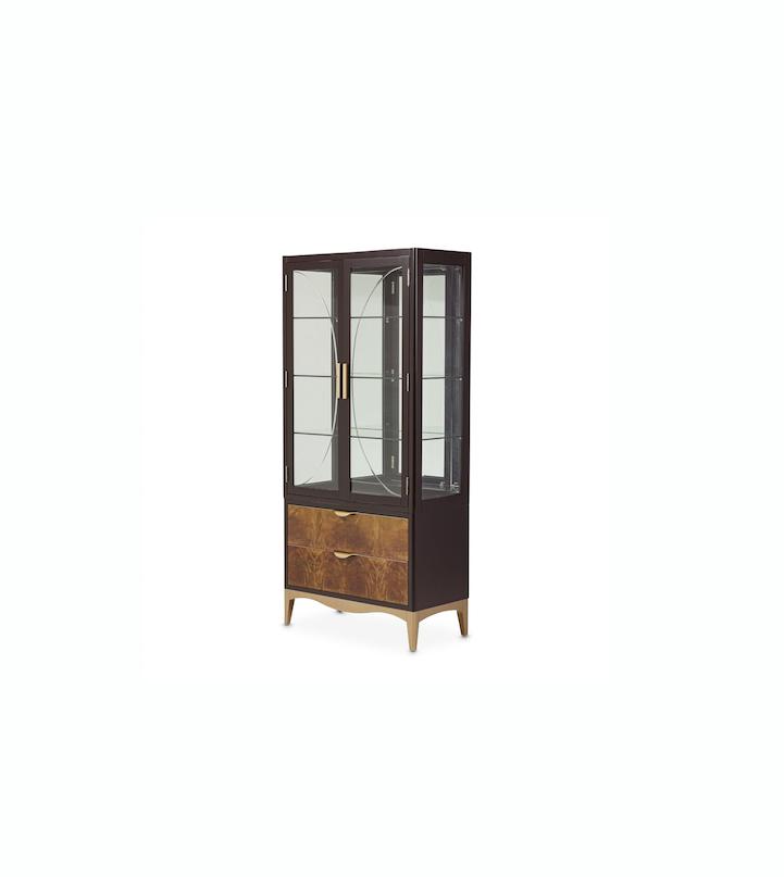 Collection of tall display cabinets with glass doors and wood finishes. Elegant furniture for showcasing décor, china, and collectibles in dining and living rooms.