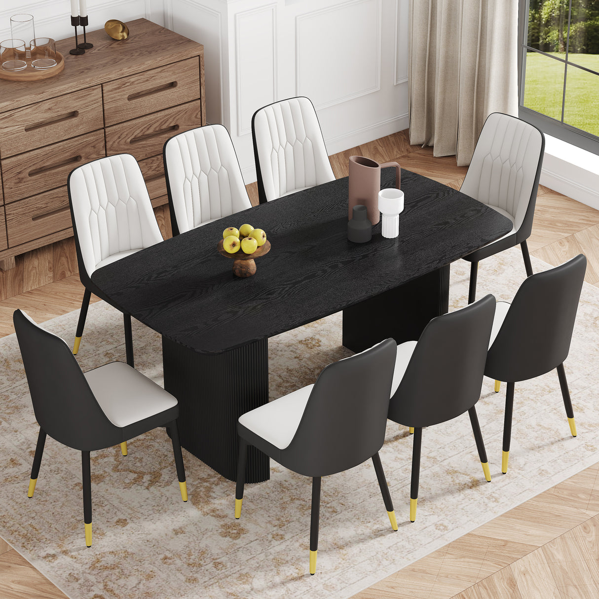 Juego de mesa y sillas. Mesa de comedor de MDF con veta de madera negra de 67 x 35,4 pulgadas: una opción simple, lujosa y estable. Combina con 8 sillas de color blanco y gris oscuro empalmadas con cojines de PU y patas de metal negro.