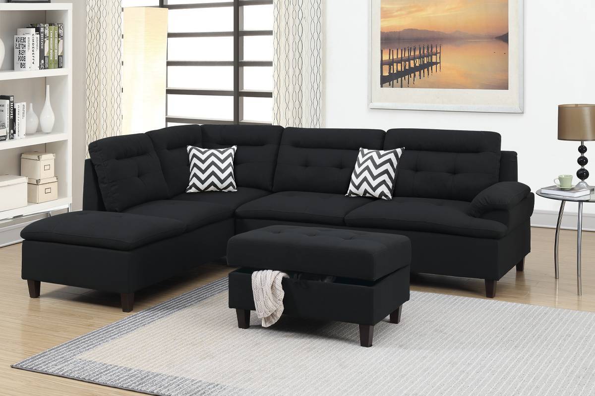 Living Room Furniture Black Cushion Sectional w Ottoman Linen Like Fabric Sofa Chaise - sold by Home Elegance USA