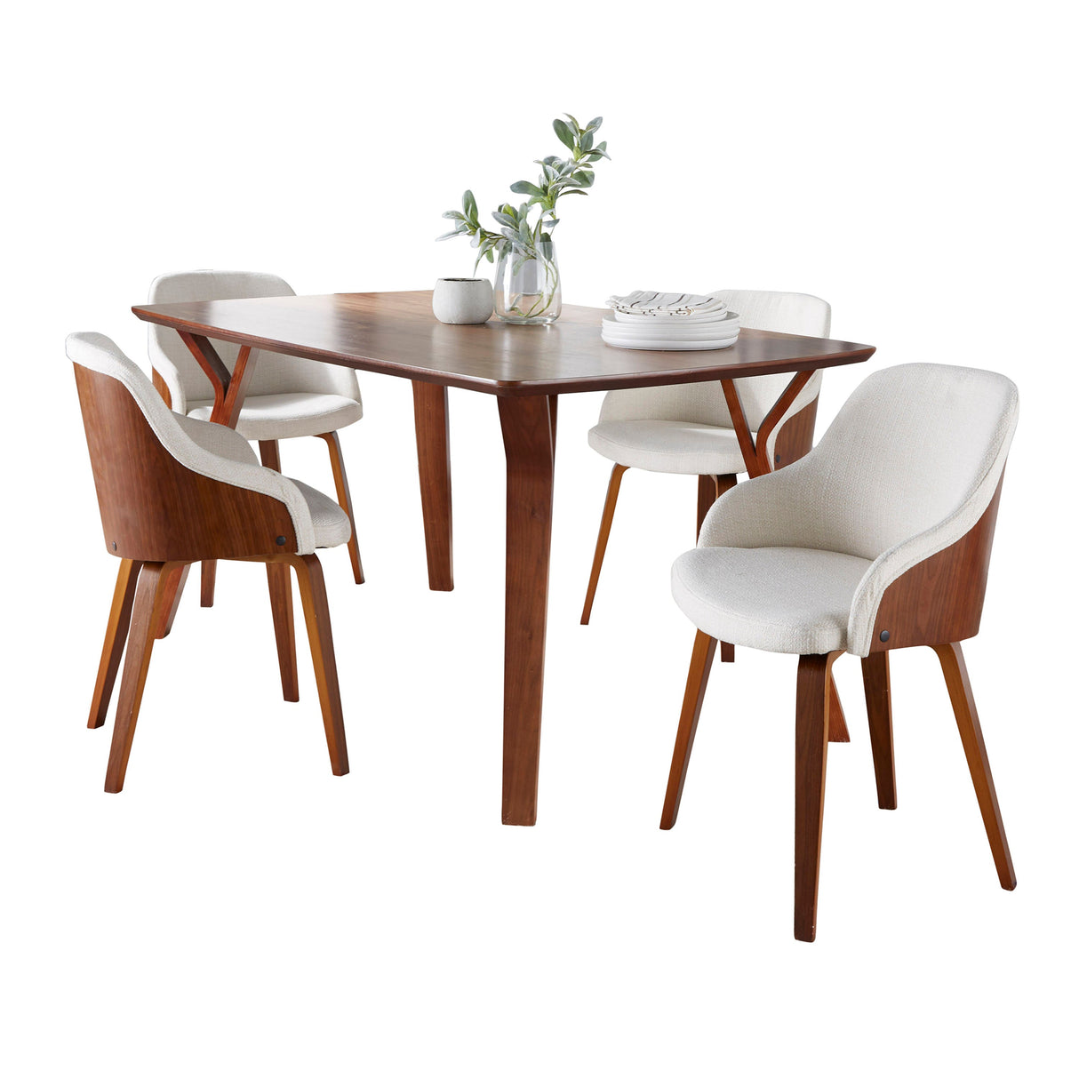 Folia-Bacci Mid-Century Modern Dining Set in Walnut Wood and Cream Fabric by LumiSource - 5 Piece - sold by Home Elegance USA