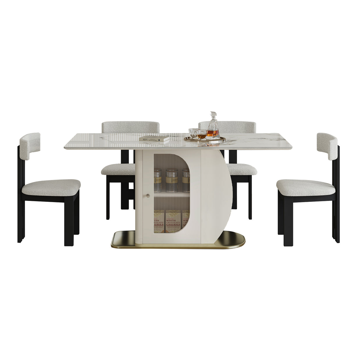 Mesa de comedor moderna de 1,8 m para 4-6 personas con gabinetes de almacenamiento, cubierta de piedra carbonizada y base de madera maciza dorada. Incluye 4 sillas de terciopelo blanco para cocina y apartamento.