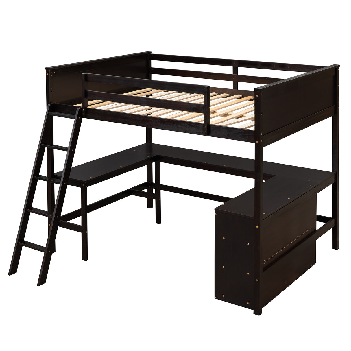 Full size Loft Bed with Shelves and Desk, Wooden Loft Bed with Desk - Espresso - Home Elegance USA