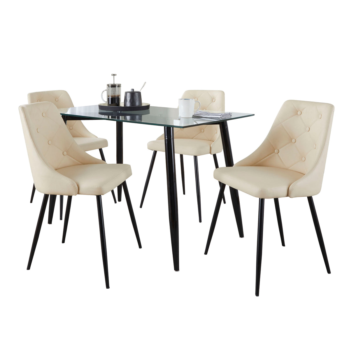 Clara-Giovani Contemporary Dining Set in Black Metal, Clear Glass and Cream Faux Leather by LumiSource - 5 Piece