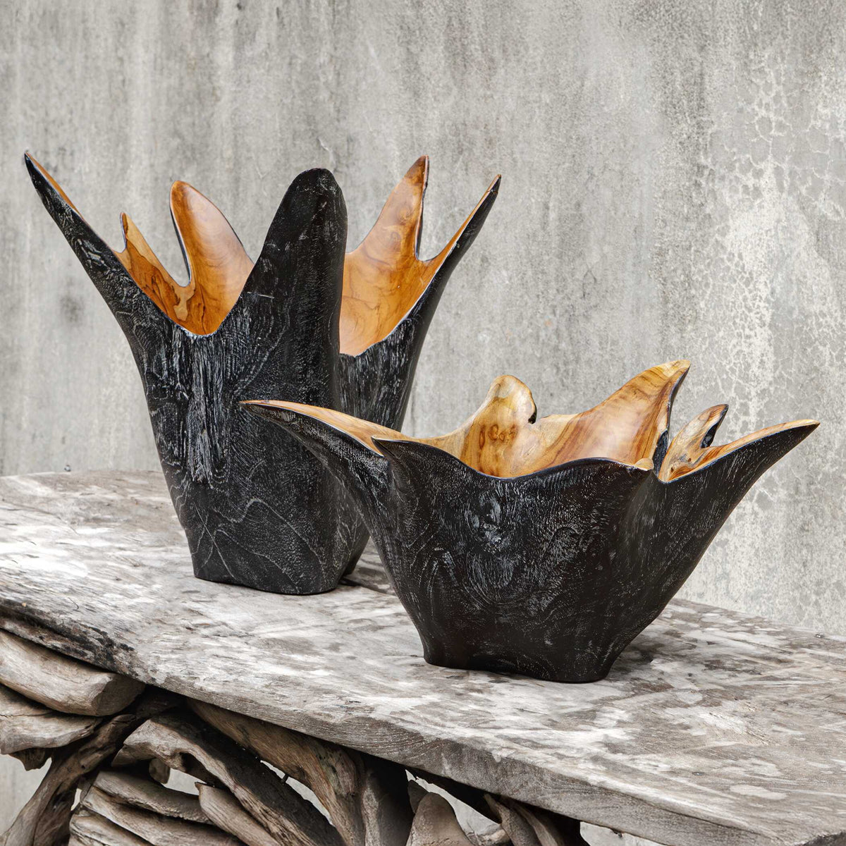 Starpetal Indoor-Outdoor Wooden Bowls (Set of 2) Black / Woodtone - Black / Light Brown by Uttermost - View 5