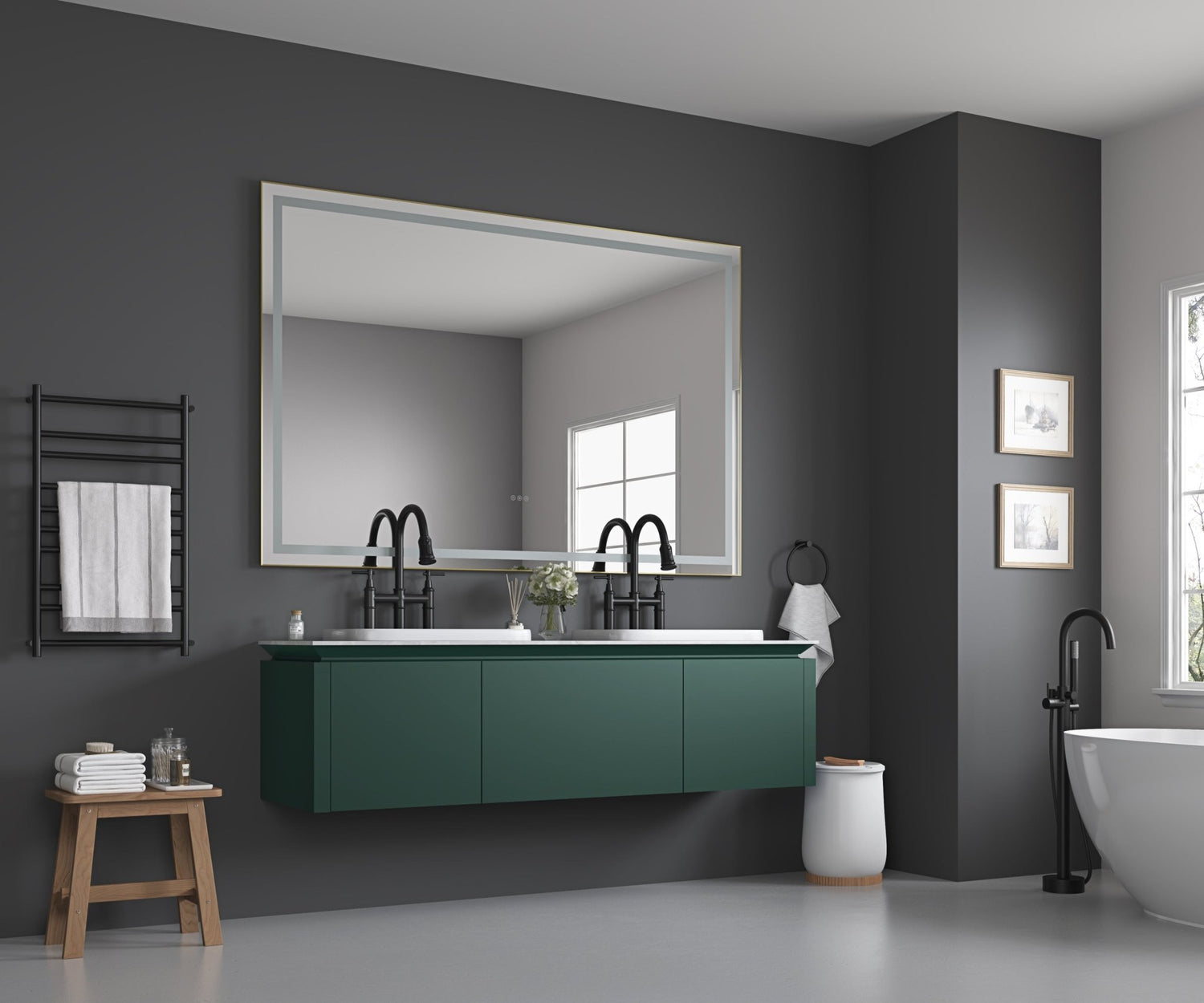 84in. W x 48in. H Oversized Rectangular Black Framed LED Mirror Anti - Fog Dimmable Wall Mount Bathroom Vanity Mirror HD Wall Mirror Kit For Gym And Dance Studio 48X 72Inches With Safety Ba | Home Elegance USA