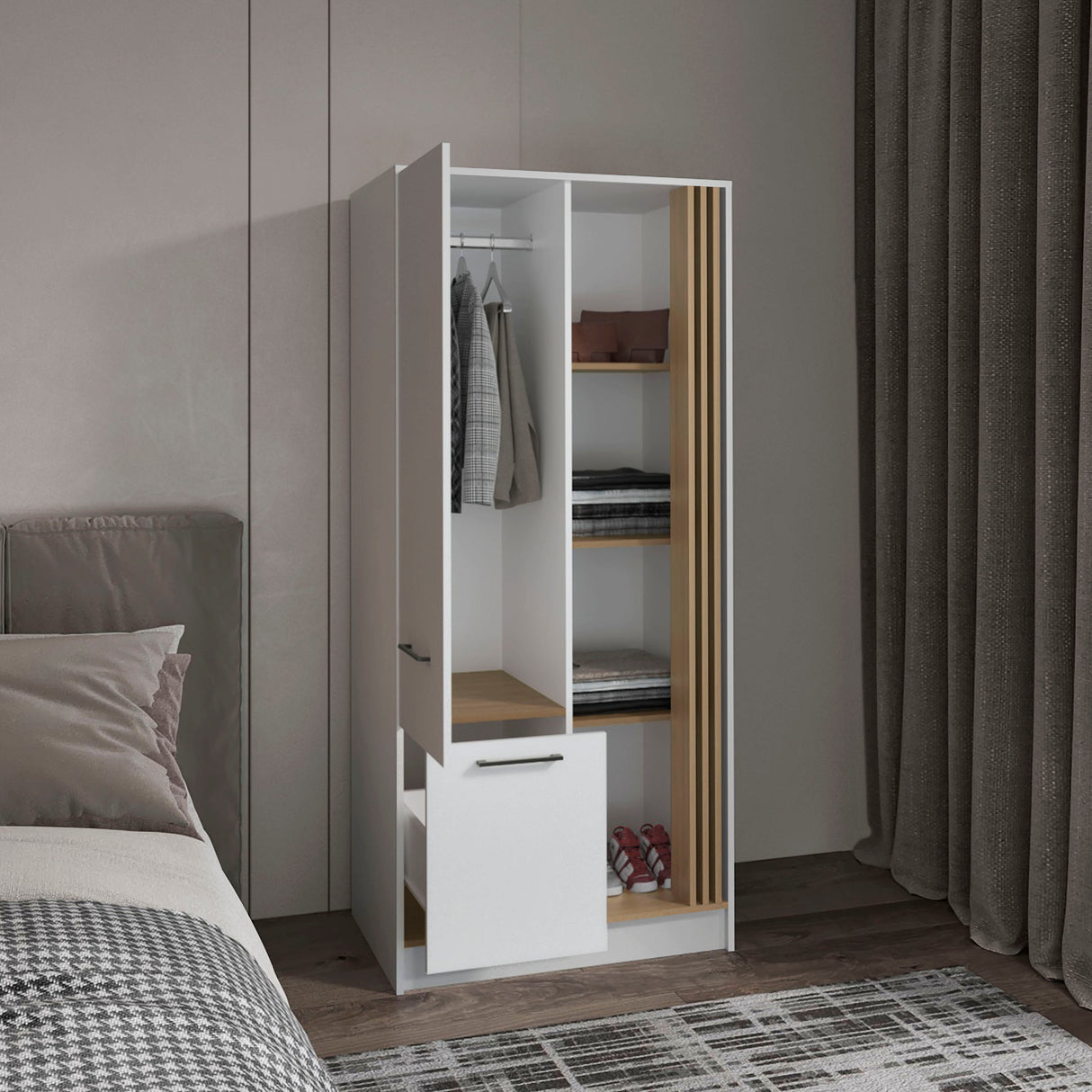 Armoire 70.8' H, 1 Door, 1 Drawer, 4 Shelves, White/Natural Oak - Bedroom - sold by Home Elegance USA