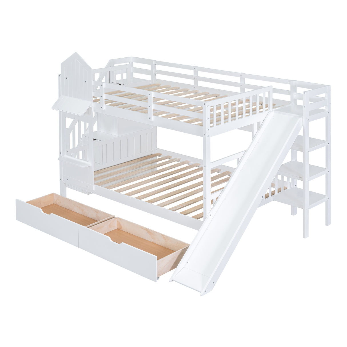 Full-Over-Full Castle Style Bunk Bed with 2 Drawers 3 Shelves and Slide - White(OLD SKU:LT000558AAK-2) - sold by Home Elegance USA