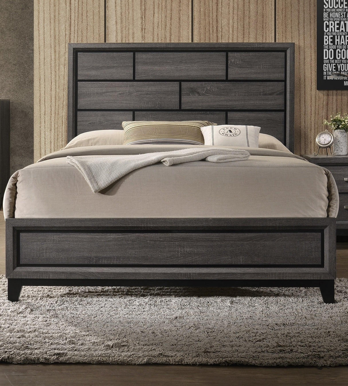 Grey Finish 1pc King Size Panel Bed Beautiful Wooden Bedroom Furniture Box Design Headboard FB Rubber wood Paper veneer