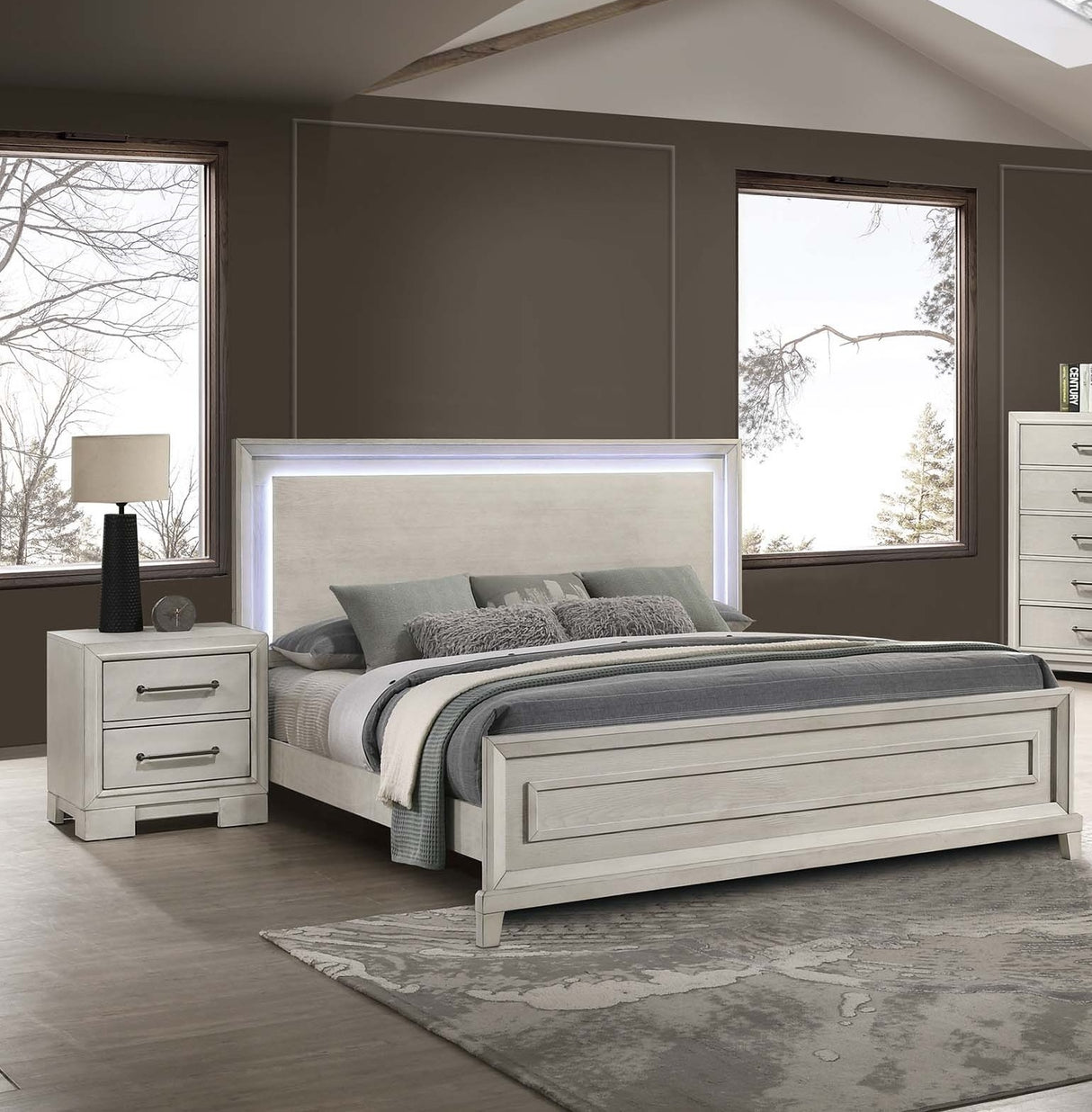 Elegant Style Queen Size Bed LED Lights On Headboard Antique White Finish Bedroom Furniture
