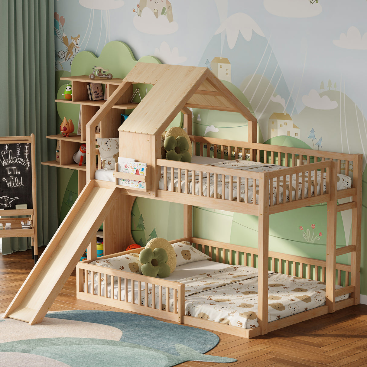 Wood Full XL over Queen Floor House Bunk Bed Frame with Slide & Built in Ladder for Kids, Teens, Juniors, Natural