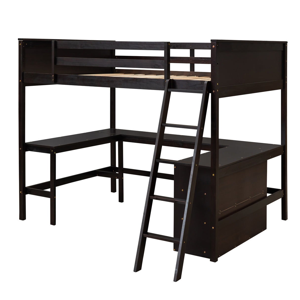 Full size Loft Bed with Shelves and Desk, Wooden Loft Bed with Desk - Espresso - Home Elegance USA