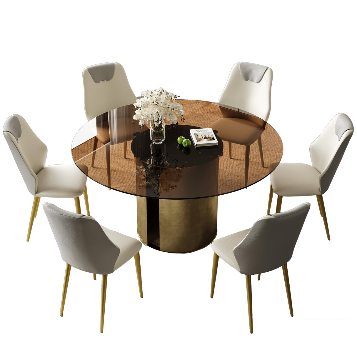 Modern Round Dining Table Set with Dark Brown Glass Top and Antique Copper Carbon Steel Legs, 59-Inch Diameter, Suitable for Kitchen and Living Room (1 Table with 6 Chairs)