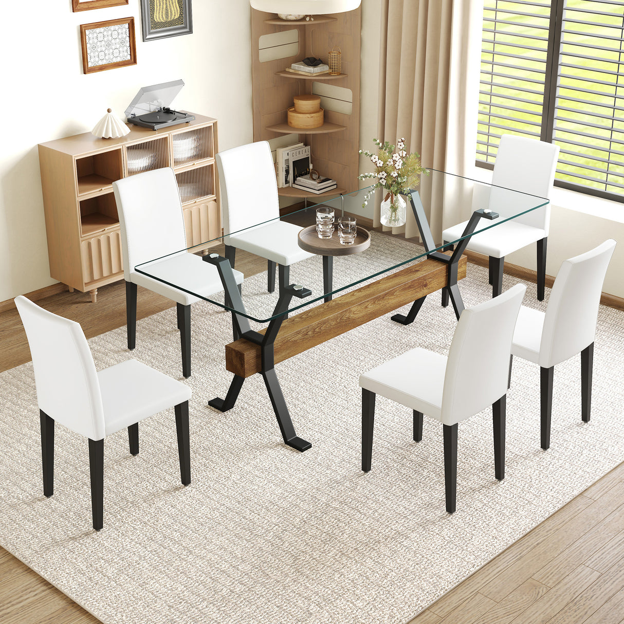 Table and chair set.79'x31.5' Inch Tempered Glass Tabletop With X-shaped Black Metal Table Legs,Wood Grain Textured MDF Crossbeam.Paired With 6 White PU Dining Chairs, Simple And Versatile.