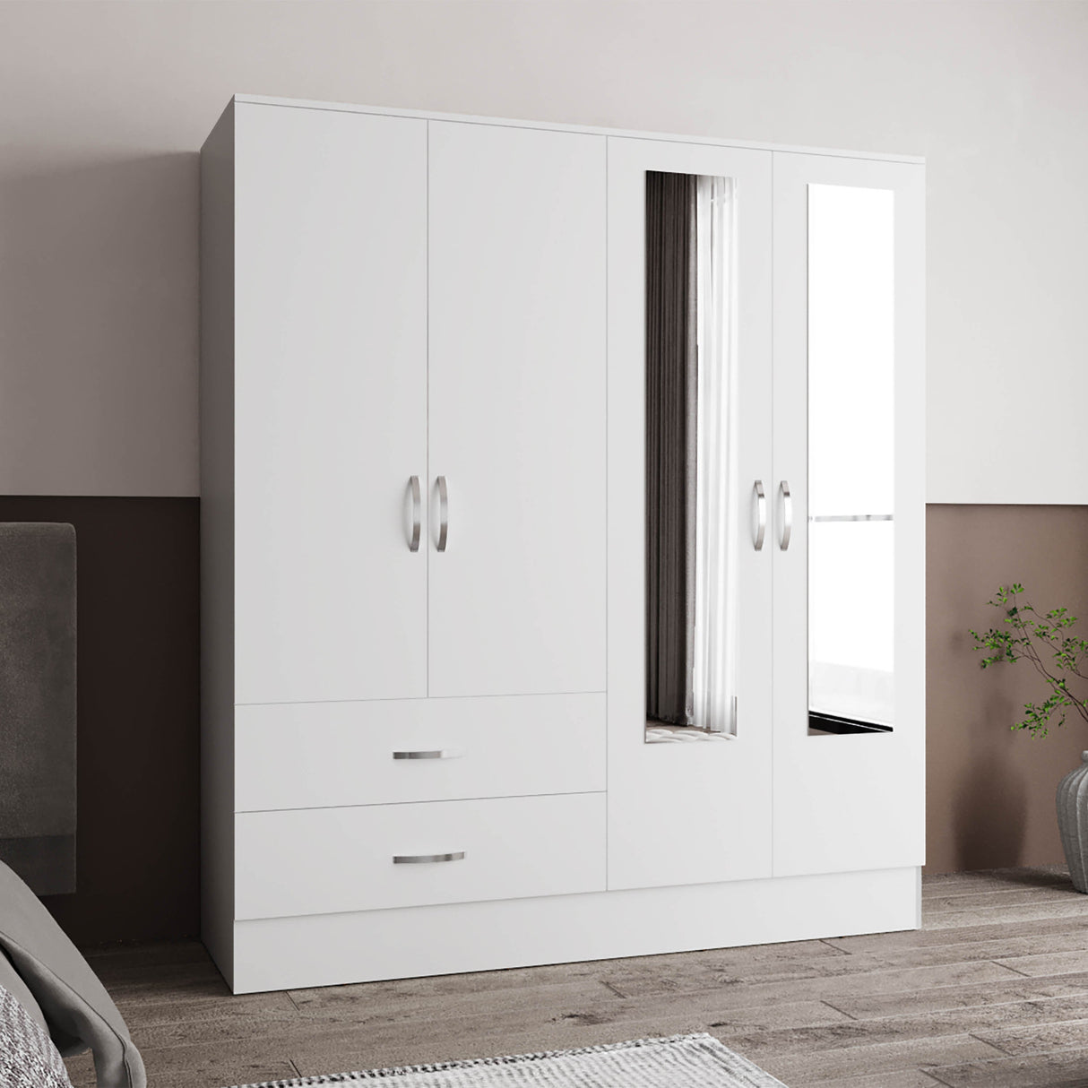 Gangi 160 Armoire, 4-door wardrobe , Two Mirrors, Metal Hardware, Two Drawers, Rod, Ten Shelves, White -Bedroom - sold by Home Elegance USA