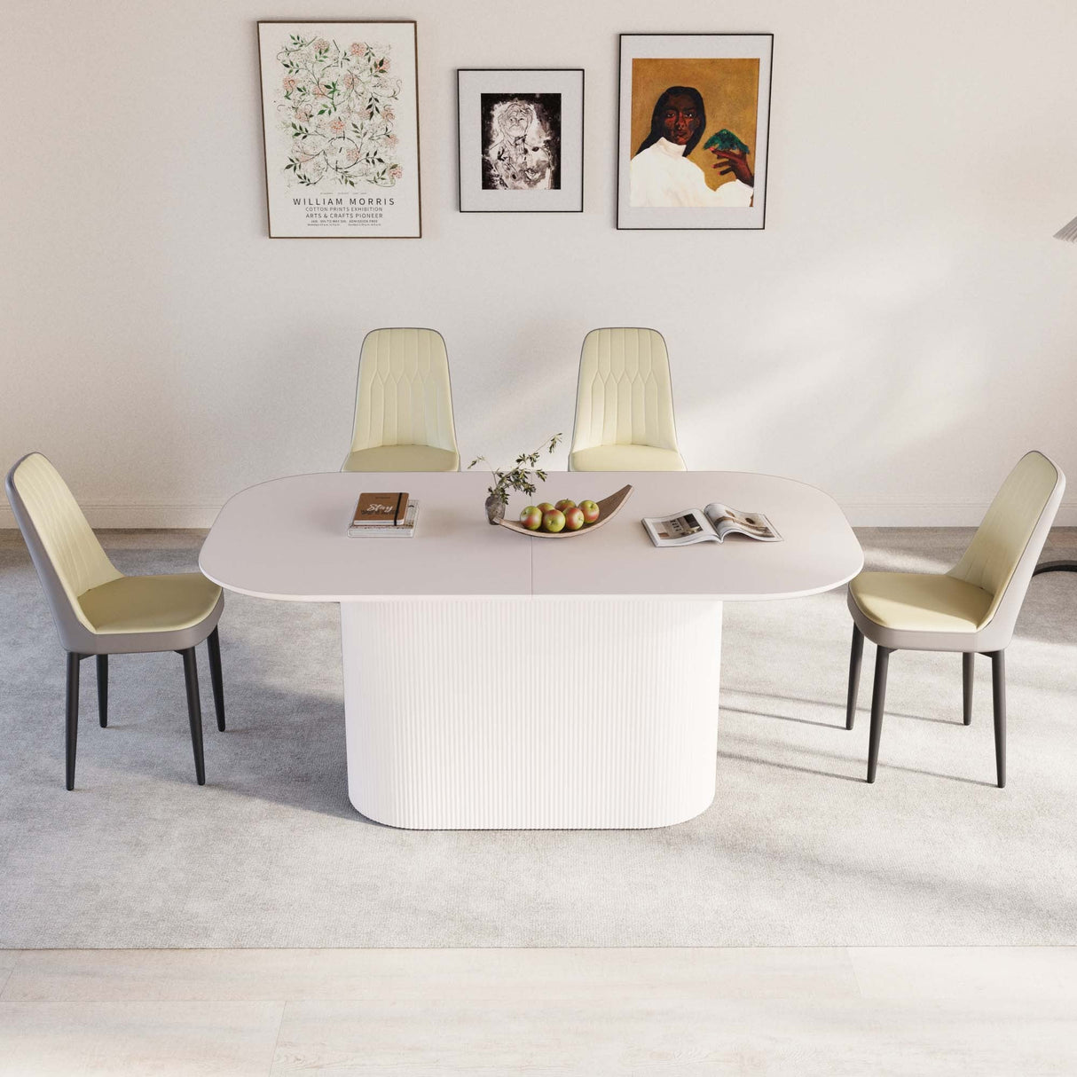 63 'medieval modern cream style MDF dining table and PU dining chair set 4. Assemble Desktop and black metal leg dining chair set, suitable for home&kitchen - sold by Home Elegance USA