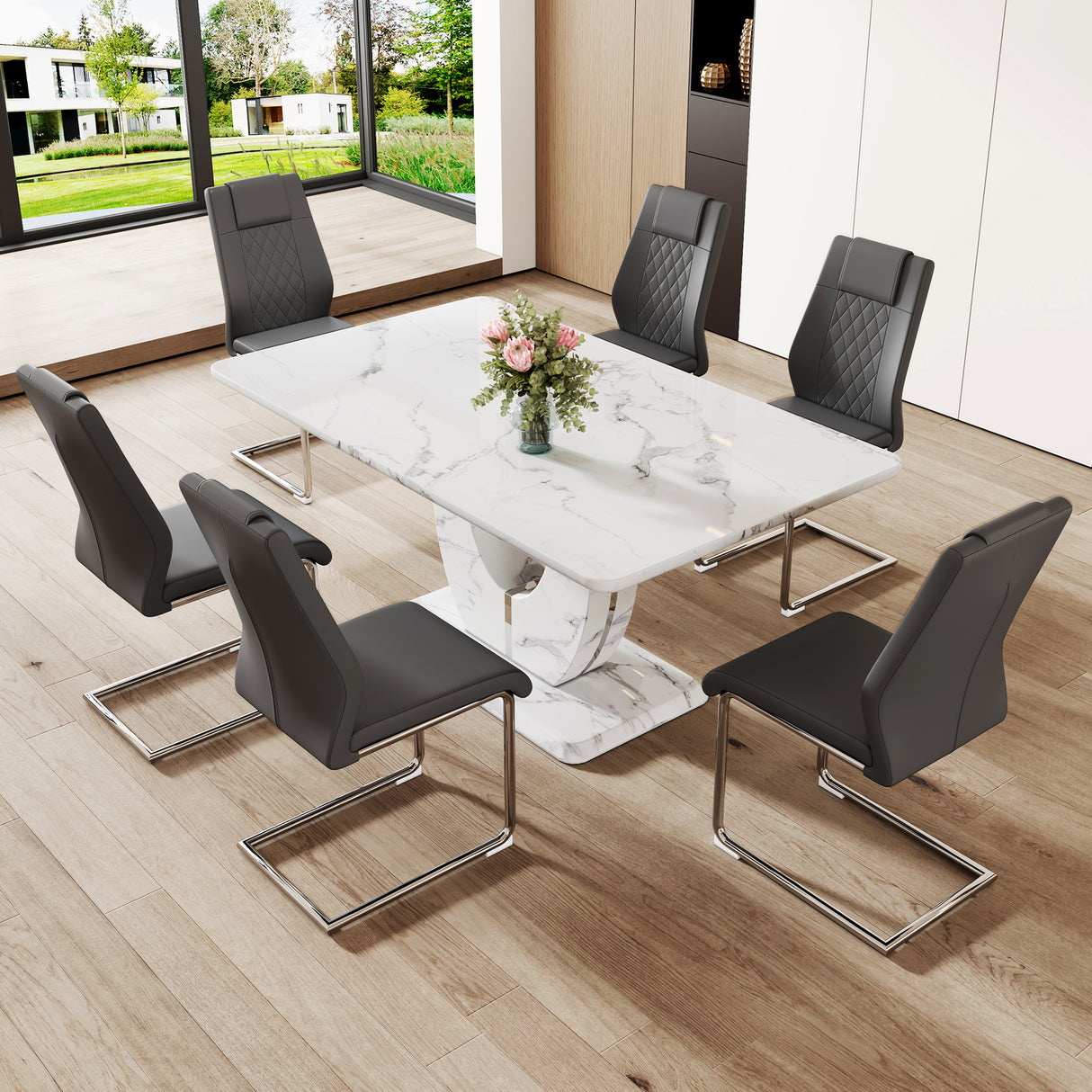 Juego de mesa y sillas. Juego de comedor de MDF con patrón de mármol - 63'x37' con 6 sillas de PU gris oscuro. Pegatina con patrón de mármol texturizado blanco, MDF, patas de silla de metal plateado. Adecuado para restaurantes, cocinas.