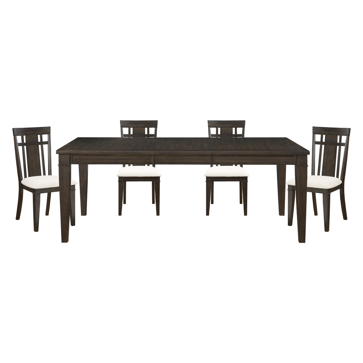 Juego de comedor de 5 piezas con acabado marrón oscuro, mesa extensible y 4 sillas laterales, asiento tapizado en tela beige, aspecto clásico, muebles de comedor de madera.