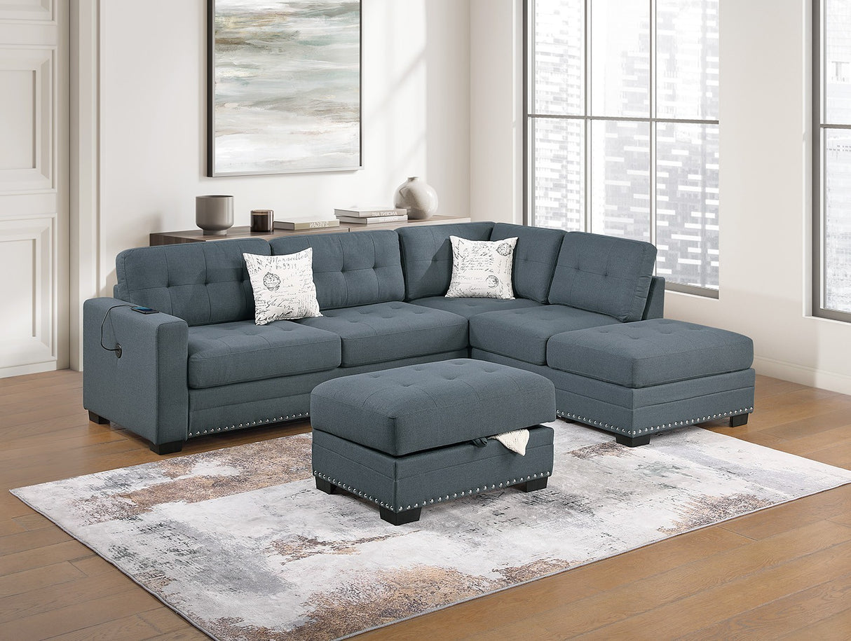 Living Room L-Shaped Sectional w Ottoman 3pc Set Dark Gray Fabric Tufted Upholstered Sofa Couch Nailheads Pillows