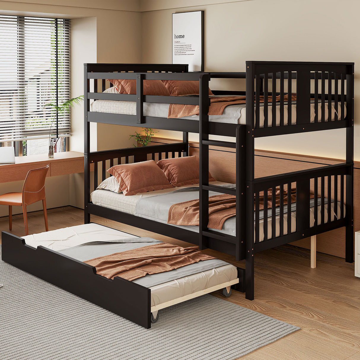 Full over Full Bunk Bed with Twin Size Trundle and Ladder -Espresso