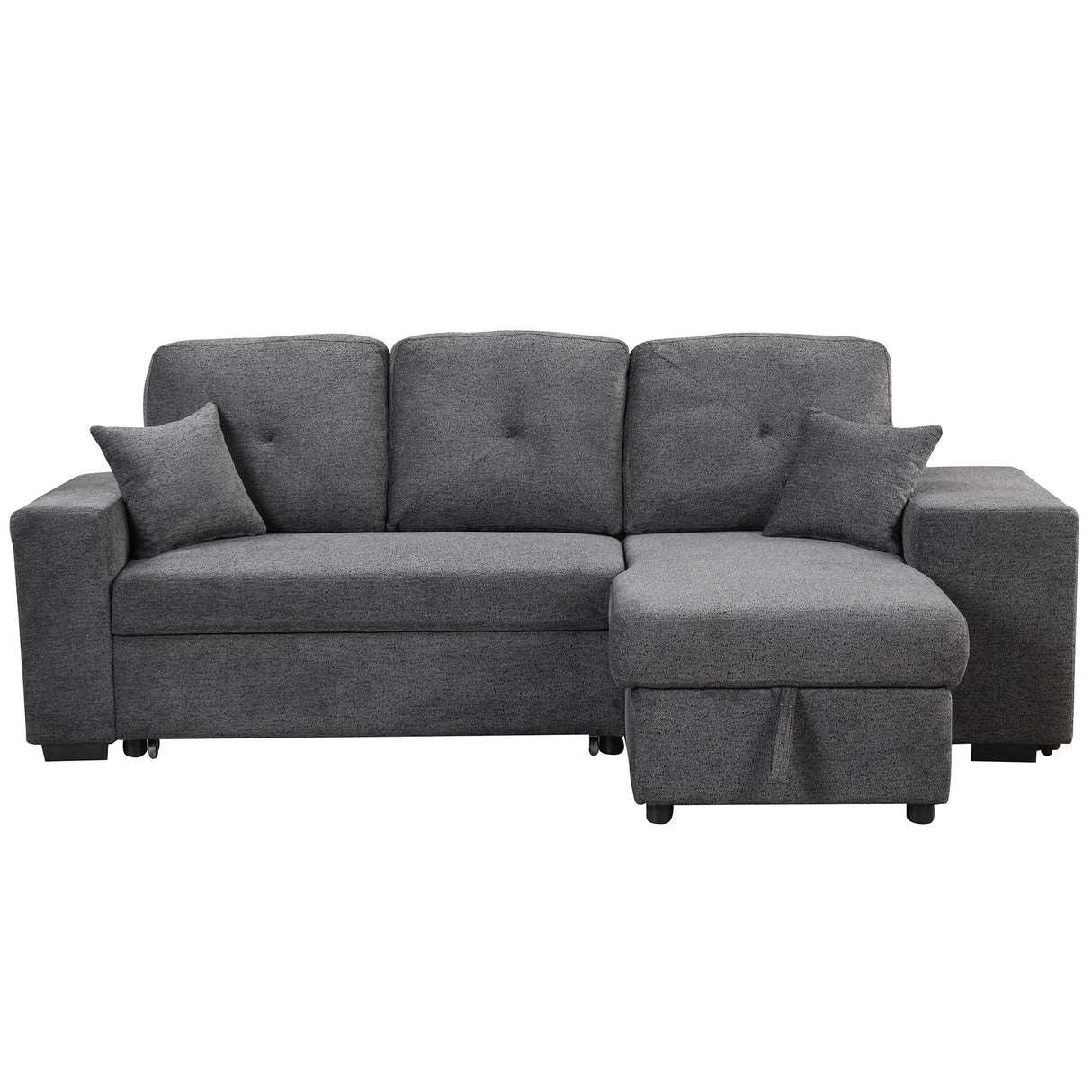 Reversible Sleeper Sectional Sofa Bed with Side Shelf and 2 Stools, Pull-Out L-Shaped Sofa Bed, Velvet Blue Black - sold by Home Elegance USA