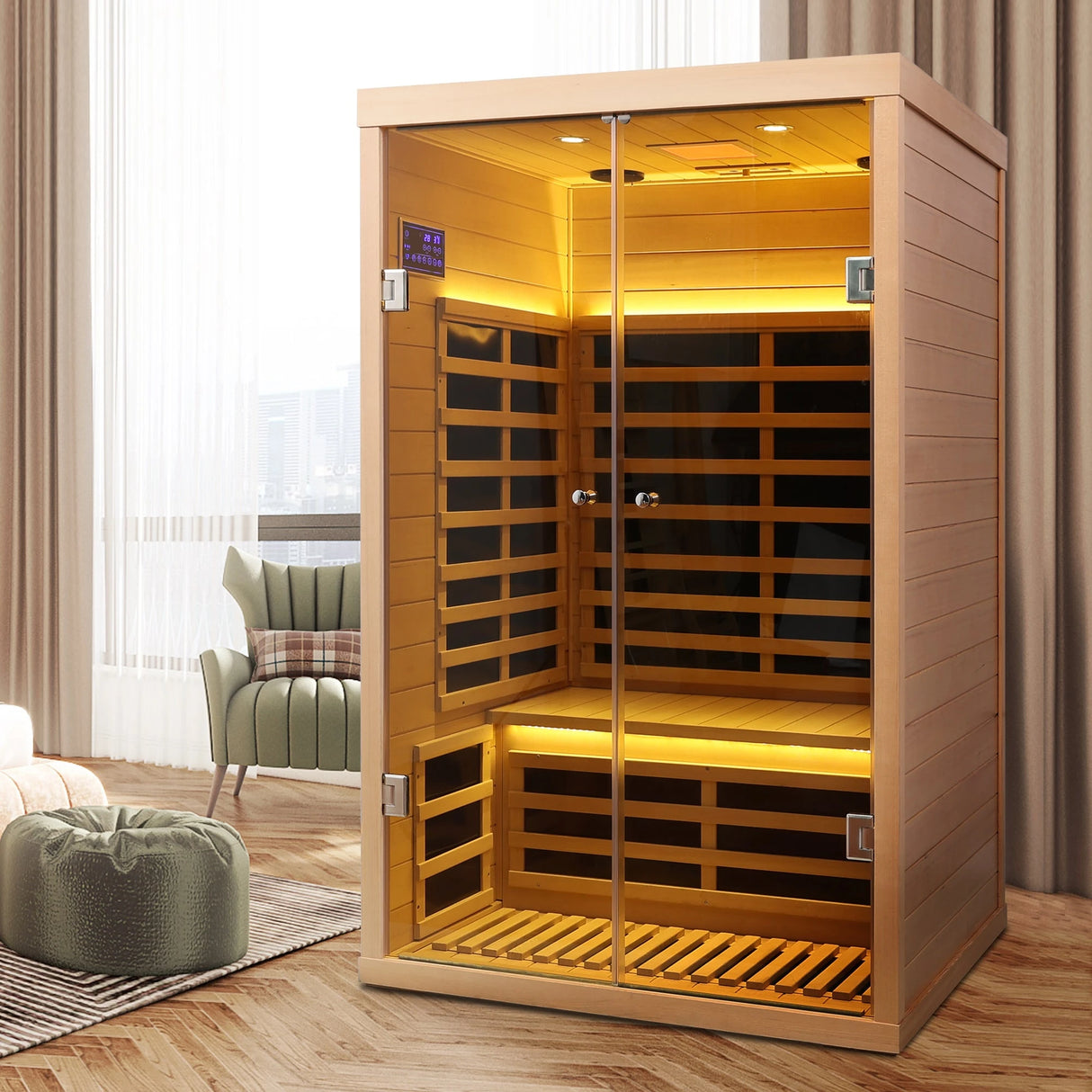 Luxury Two-Person Hemlock Far Infrared Sauna with Double Glass Doors - sold by Home Elegance USA