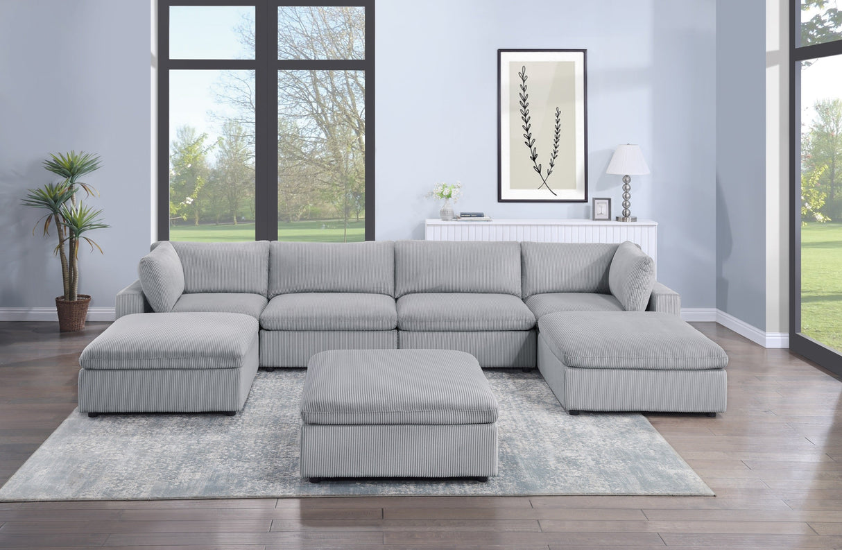 Dark Gray Color 7pc Modular Sectional Set Corduroy Upholstery Couch 2x Corner wedge 2x Armless Chairs 3x Ottomans Living Room Furniture - sold by Home Elegance USA