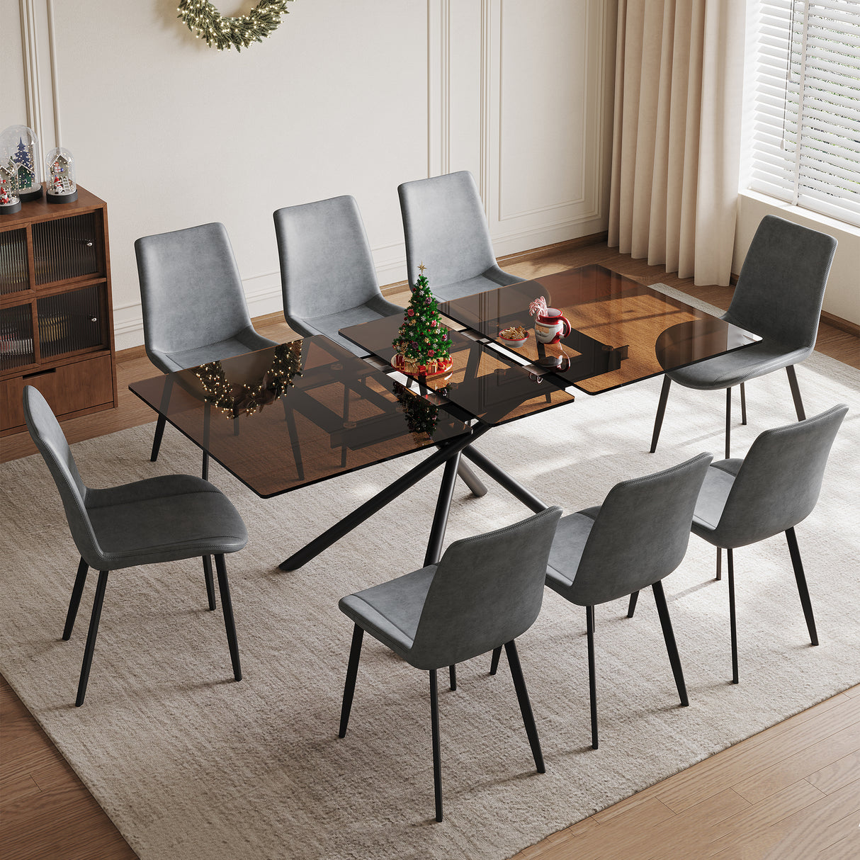 Juego de mesa de comedor extensible de 59 pulgadas con 8 sillas ergonómicas grises, tablero de vidrio arenado negro y base en X, juego de comedor moderno de 4 a 6 plazas para espacios pequeños, cocinas y apartamentos.