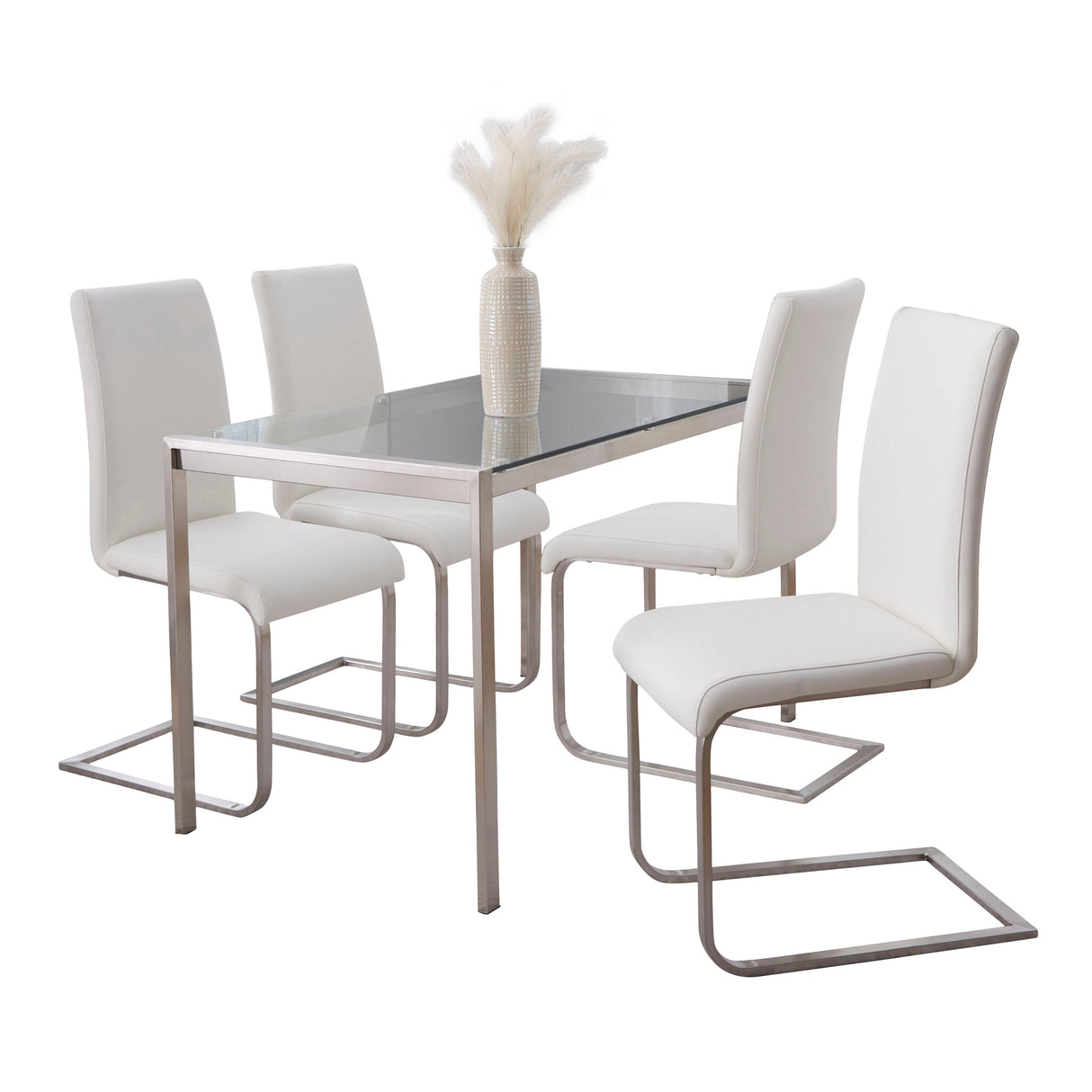 Fuji-Foster Contemporary Dining Set in Stainless Steel, Clear Glass and White Faux Leather by LumiSource - 5 Piece - sold by Home Elegance USA