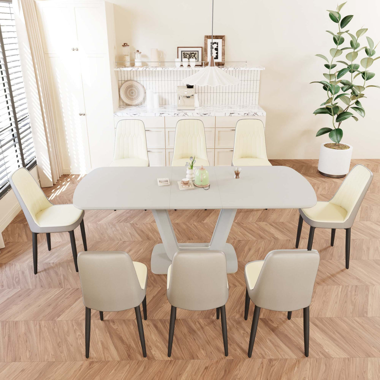 62.99-78.74' expandable dining table set for 2-8 people, equipped with 8 PU fabric thick padded dining chairs and an spacious dining table, kitchen table and chairs, with U-shaped table legs