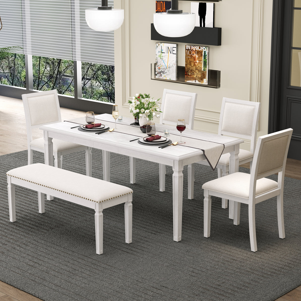 TREXM Vintage Extendable Dining Table Set for 6 with 4 Chairs & Bench, 59 to 72-Inch Rustic Farmhouse Kitchen Table Set with Distressed Finish and Retro Carved Legs (Washed White) - sold by Home Elegance USA