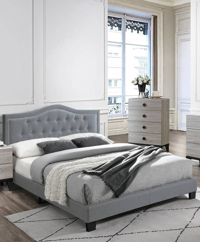 European style 1pc Queen Size Bed Velvet Fabric Button Tufted Headboard Gray Finish Bedroom Furniture