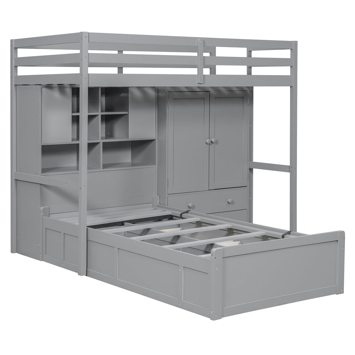 Twin Bunk Bed with Drawers, Wardrobe, Storage Shelves and Hydraulic Bed,Gray - sold by Home Elegance USA