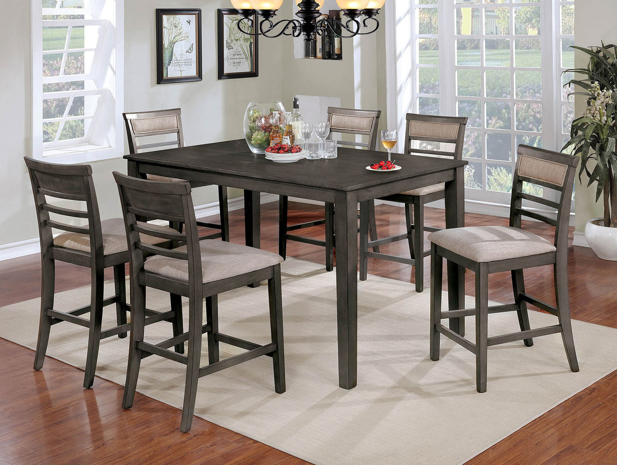7pc Counter Height Dining Table Set 1x Table 6x Chairs Transitional Style Weathered Gray And Beige Finish Padded Cushion Slat Back Chairs - sold by Home Elegance USA