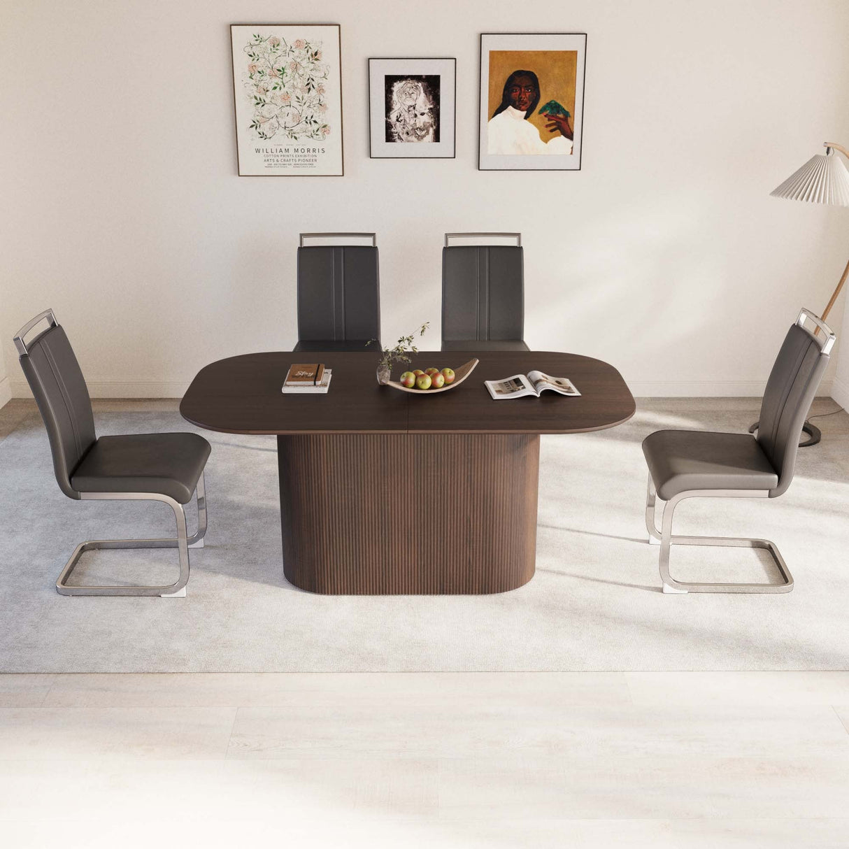 63 'medieval modern brown style MDF dining table and PU armless dining chair set 4. Assemble Desktop and Silver plated metal leg dining chair set, suitable for home&kitchen - sold by Home Elegance USA