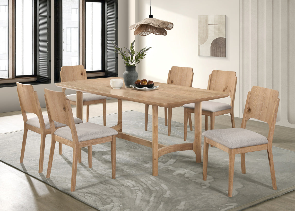 7pc Rectangular Dining Table Chair Set Light Brown Beige Finish Softly Rounded Corners Fabric Upholstered Wooden Dining Room Furniture
