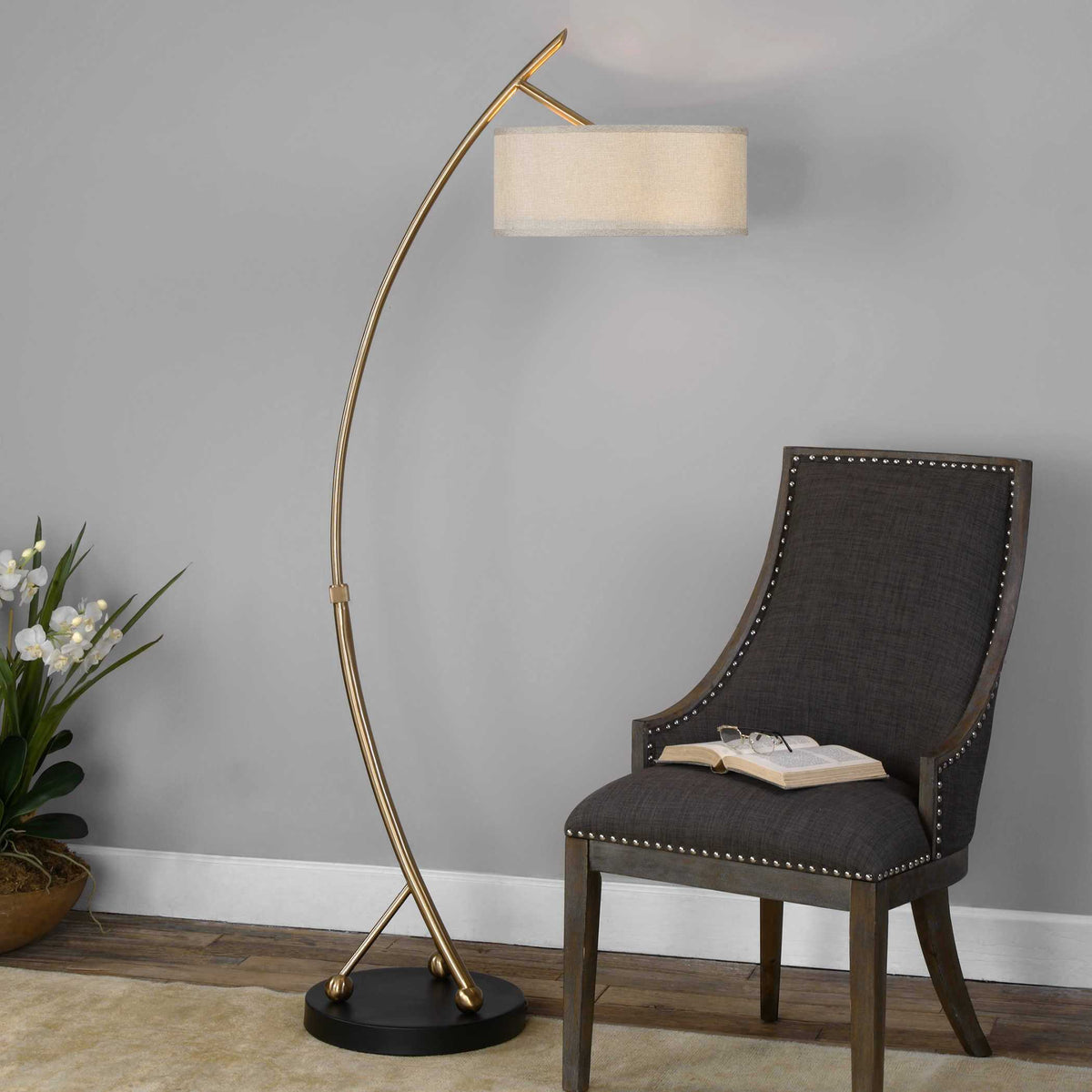 Vardar Curved Floor Lamp Brass - Yellow / Beige by Uttermost - View 2