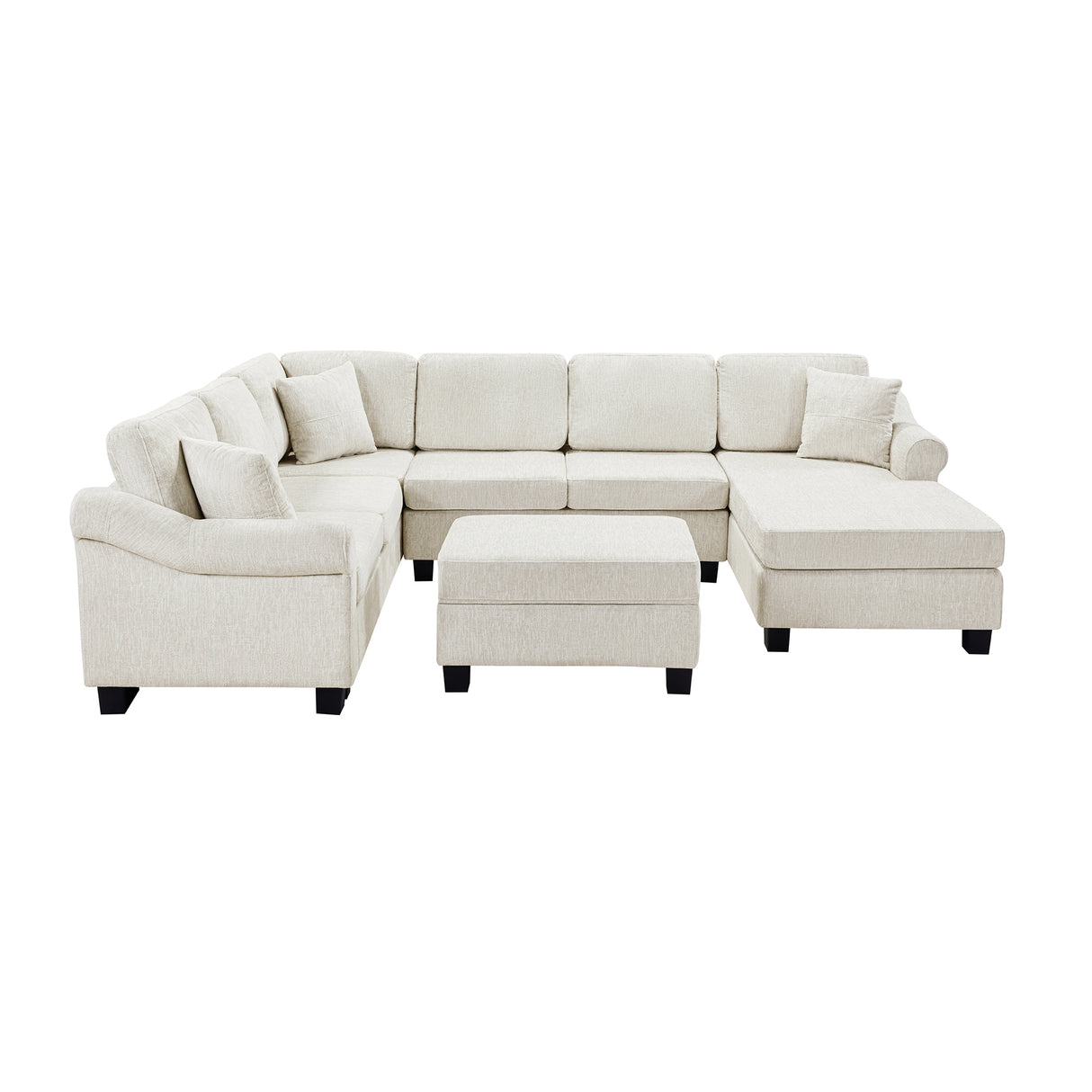 Contemporary U-shaped Sectional Sofa with Movable Storage Ottoman, White Chenille 111.8'