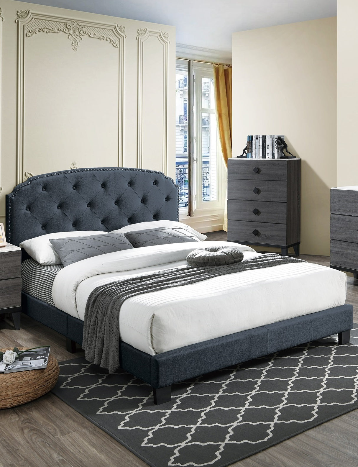 Queen Size 1pc Bed Nailhead Trim Button Tufted Burlap Fabric Charcoal Finish Bedroom Furniture