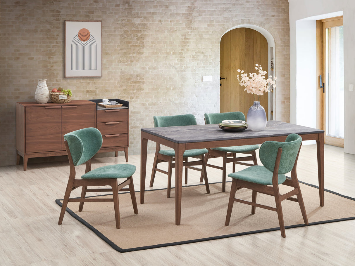 Bevis 5-Piece Walnut Finish Dining Set with Faux Marble Tabletop and Green Upholstered Chairs - sold by Home Elegance USA