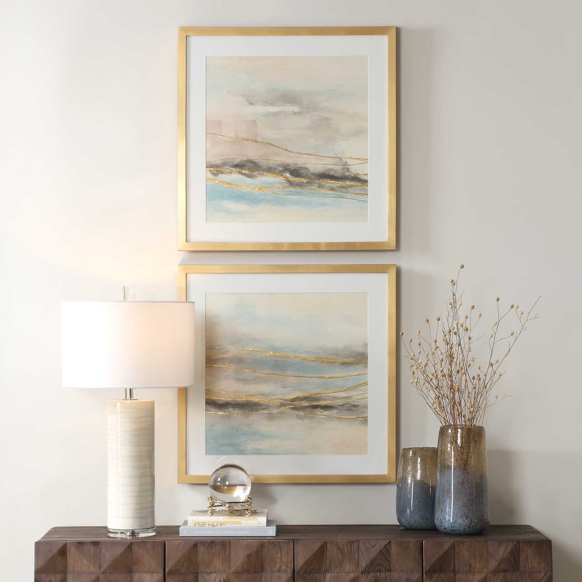 So Golden Abstract Landscape Prints (Set of 2) Black / Blue / Brass / Gold / Gray / Pink / White - Light Brown / Light Blue by Uttermost - View 2