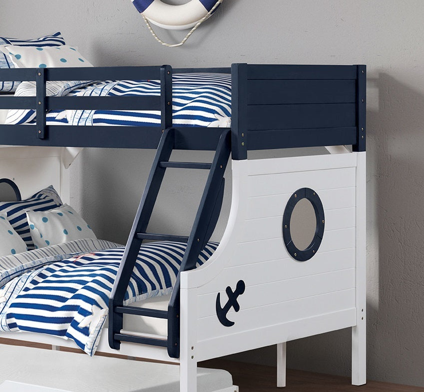 Twin Over Full Bunk Bed Modern Novelty Style Attached Ladder Upper Bed Rails And Lock Joint Structure For Safety Slat Kit Blue / White Finish - sold by Home Elegance USA
