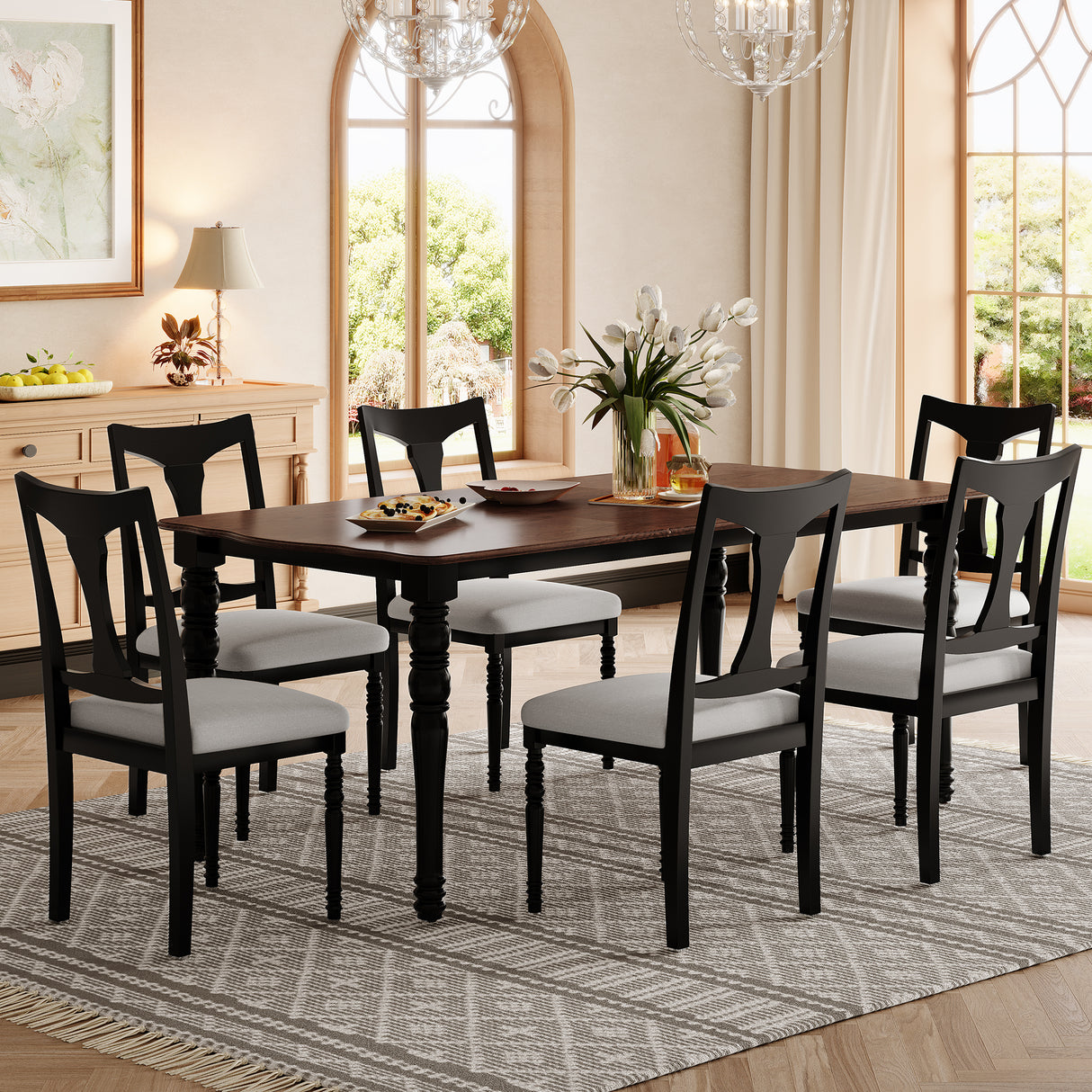7-Piece Dining Table Set, 60inch to 78inch Extendable Wood Dining Table with Removable Leaf, Kitchen Table Set with 6 Upholstered Side Chair, Dining Table Set for 6 - sold by Home Elegance USA