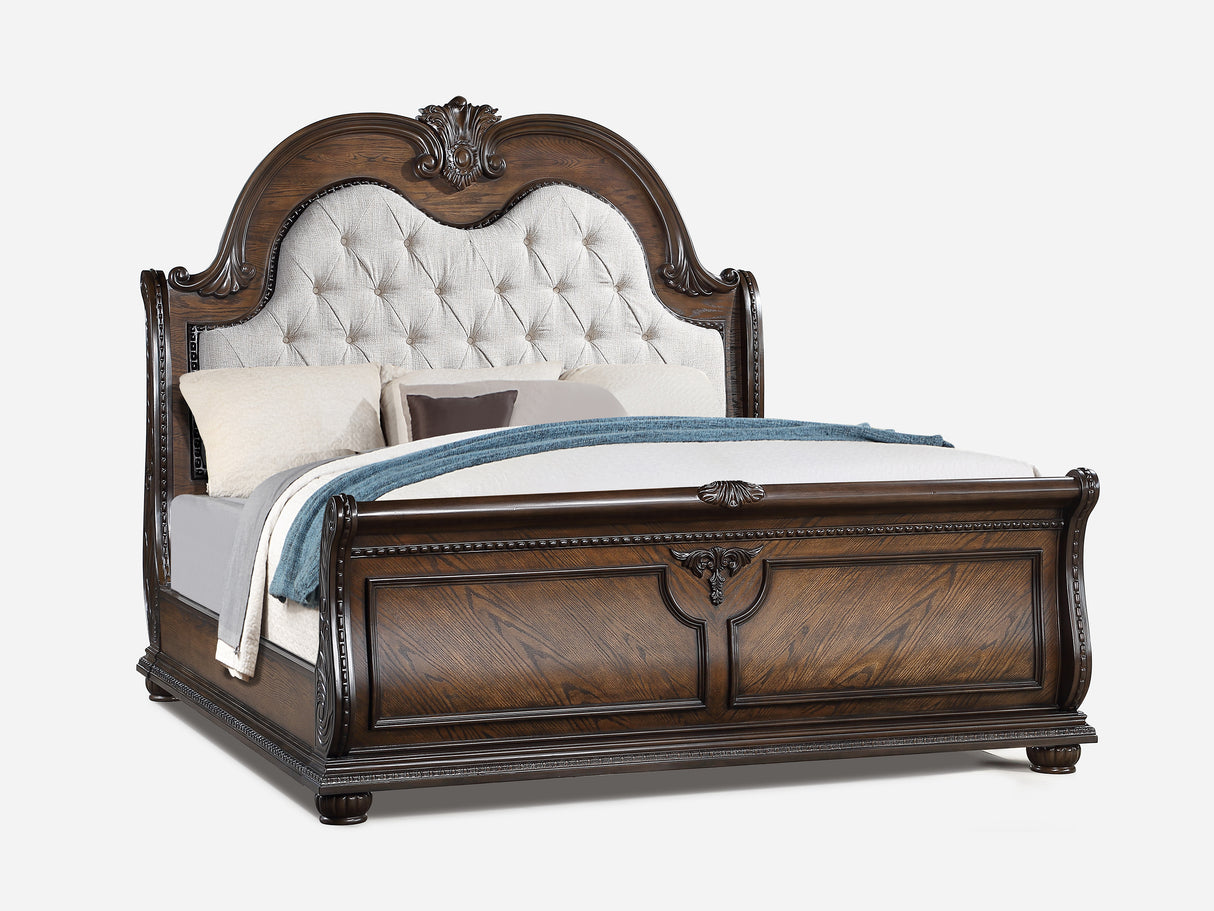 1pc Traditional Style Faux Leather Upholstered Headboard Button Tufted Formal Bedroom Furniture Formal Queen Sleigh Bed Coffee Brown Finish