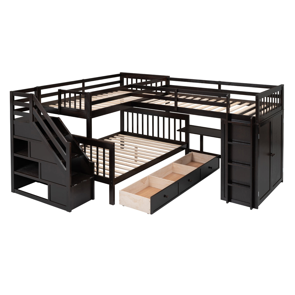Twin-Twin over Full L-Shaped Bunk Bed With 3 Drawers, Portable Desk and Wardrobe, Espresso(OLD SKU:LT100542AAP) - sold by Home Elegance USA