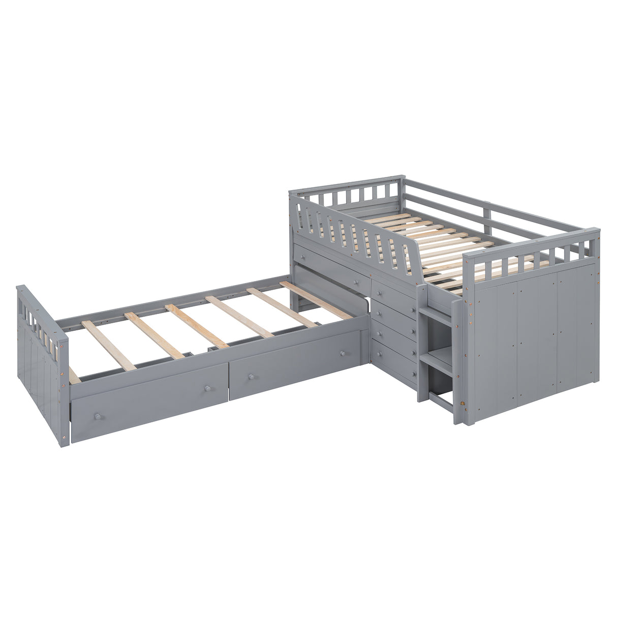 Modern Gray L-Shaped Space-Saving Twin Loft and Platform Bed with 7 Drawers and Full Guardrails