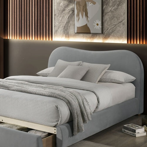 Light Gray Velvet Upholstered 1pc Queen Size Bed Curved Design Headboard Storage FB Bedroom Furniture Bedframe